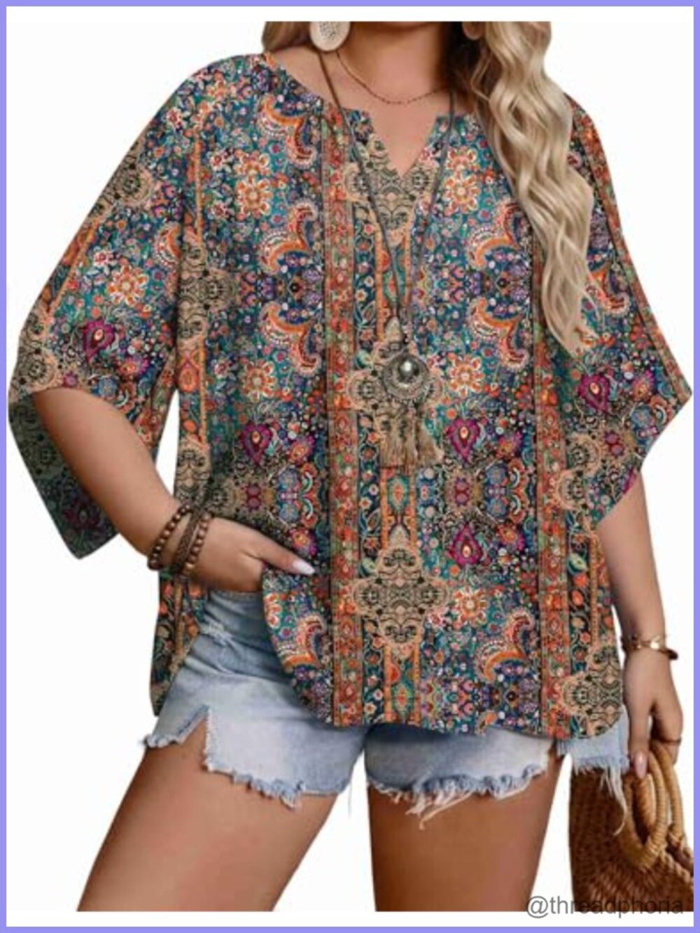 Plus Size 3/4 Sleeve V Neck Boho Tunic Blouse Loose Fit Summer Top